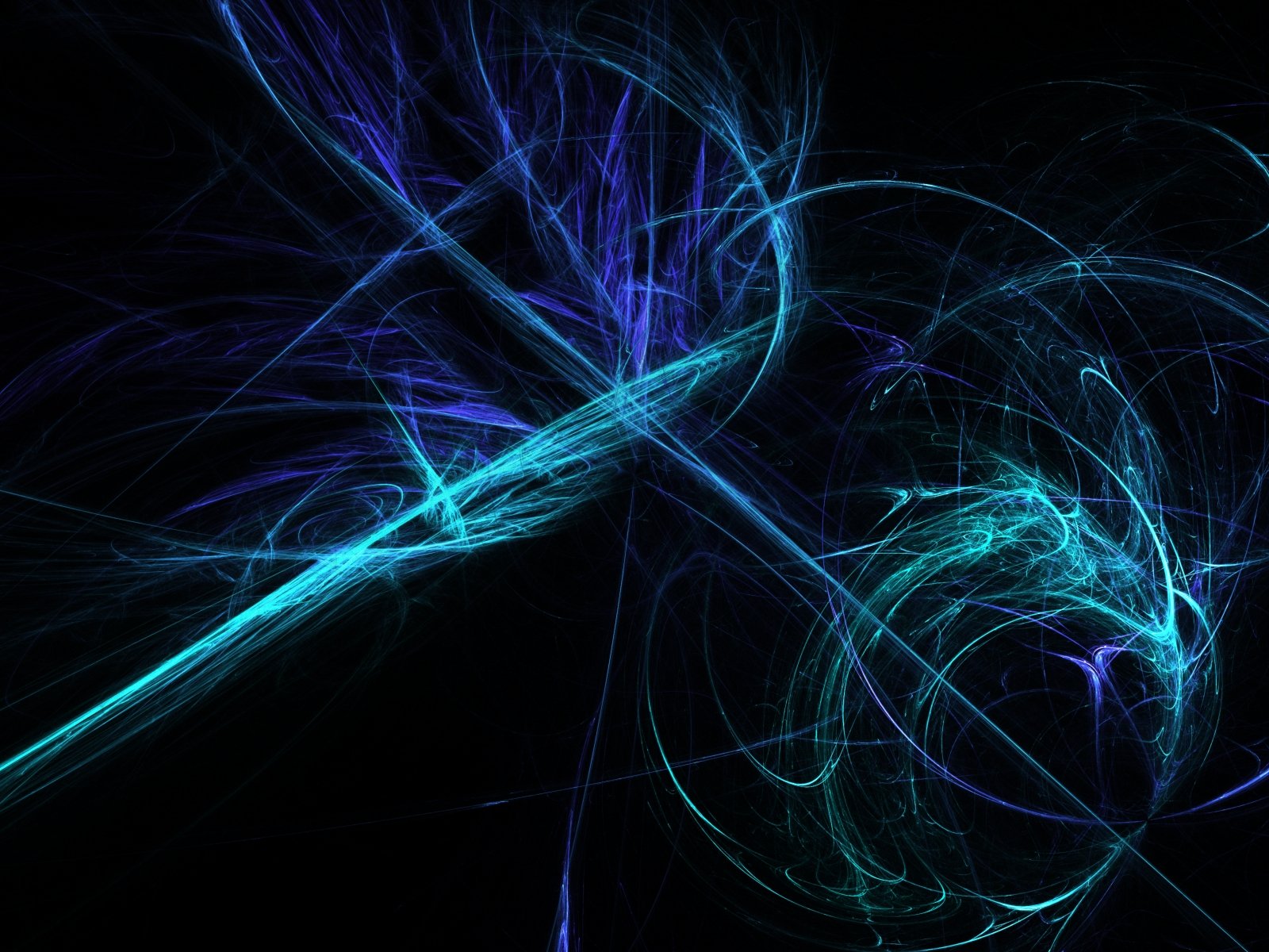 Abstract blue fractal streaks and swirling filaments on a black background, HD PC desktop wallpaper.