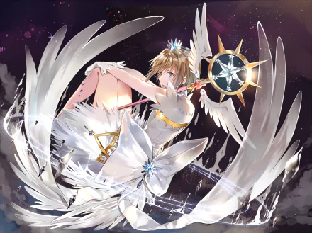Sakura Kinomoto from Cardcaptor Sakura in an anime-style HD desktop wallpaper, depicted with angelic wings and a magical staff against a dark, dynamic background.