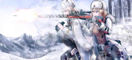HD PC desktop wallpaper featuring Nagant Revolver and Mosin Nagant characters from the video game Girls Frontline in a snowy battlefield setting.