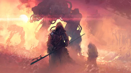 A sci-fi HD desktop wallpaper depicting a lone soldier warrior standing in front of a towering robot mech amidst a smoky, war-torn battlefield.