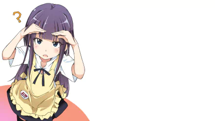 HD PC desktop wallpaper of Aoi Yamada (Working!!): purple-haired anime girl in a yellow apron with a puzzled expression on a wide white background.