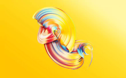 Abstract colorful ribbon-like shapes swirl like painted brushstrokes against a bright yellow gradient — HD PC desktop wallpaper and background.