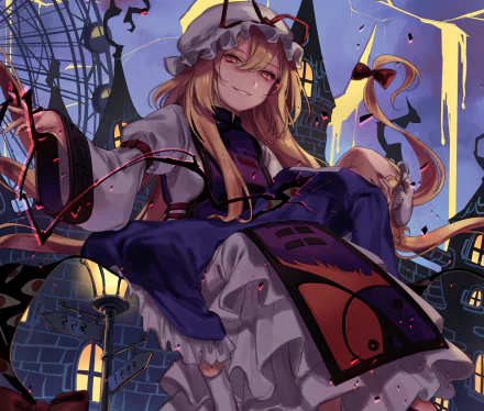 HD anime desktop wallpaper featuring Maribel Hearn and Yukari Yakumo from Touhou, showcasing detailed character art with a dark, atmospheric background.