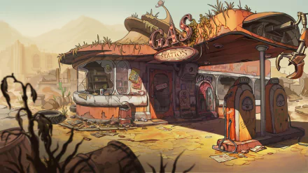 HD Fallout 4 desktop wallpaper featuring a post-apocalyptic gas station with weathered pumps and overgrown vegetation in a desolate landscape.