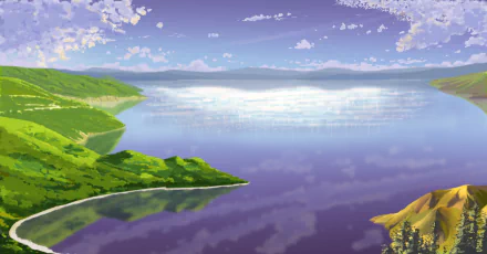 Artistic landscape 2K Quad HD PC desktop wallpaper and background: serene lake reflecting a soft sky, framed by green hills and distant mountains.