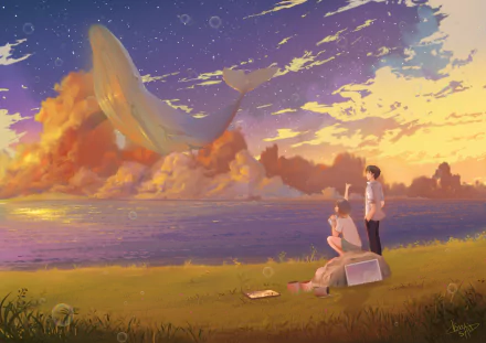 A dreamy anime scene featuring a whale among the clouds at sunset, with two characters gazing at the spectacle from a grassy shore. HD desktop wallpaper and background.