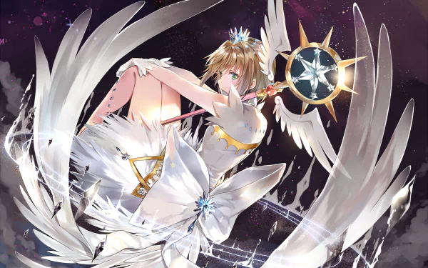 Sakura Kinomoto from Cardcaptor Sakura in an anime-style HD desktop wallpaper, depicted with angelic wings and a magical staff against a dark, dynamic background.