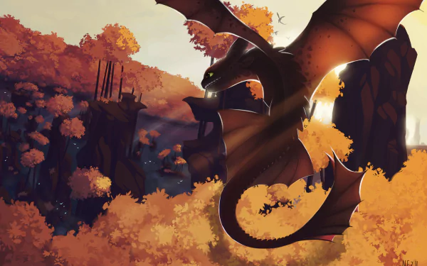 Toothless from How to Train Your Dragon flies over a vibrant fall landscape, captured in a stunning HD desktop wallpaper background.