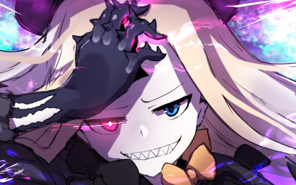HD PC desktop wallpaper featuring Abigail Williams from Fate/Grand Order with intense eyes, a mischievous grin, and vibrant anime-style colors and effects.