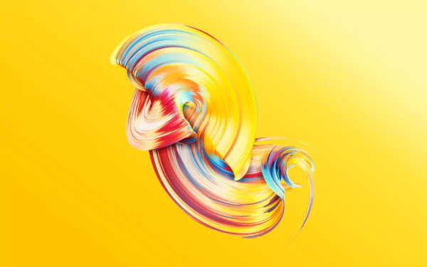 Abstract colorful ribbon-like shapes swirl like painted brushstrokes against a bright yellow gradient — HD PC desktop wallpaper and background.