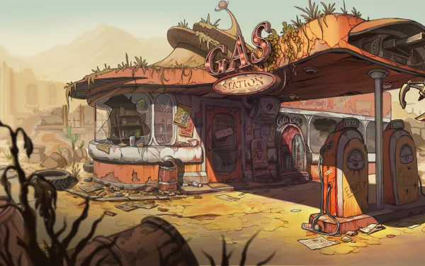 HD Fallout 4 desktop wallpaper featuring a post-apocalyptic gas station with weathered pumps and overgrown vegetation in a desolate landscape.