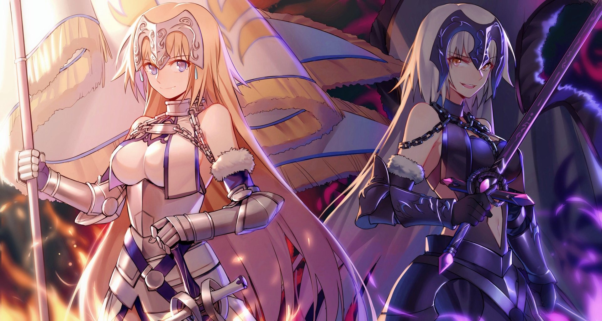 HD desktop wallpaper featuring Jeanne d'Arc and Jeanne d'Arc Alter from Fate/Grand Order, blending light and dark themes with stunning anime artwork and vivid colors.