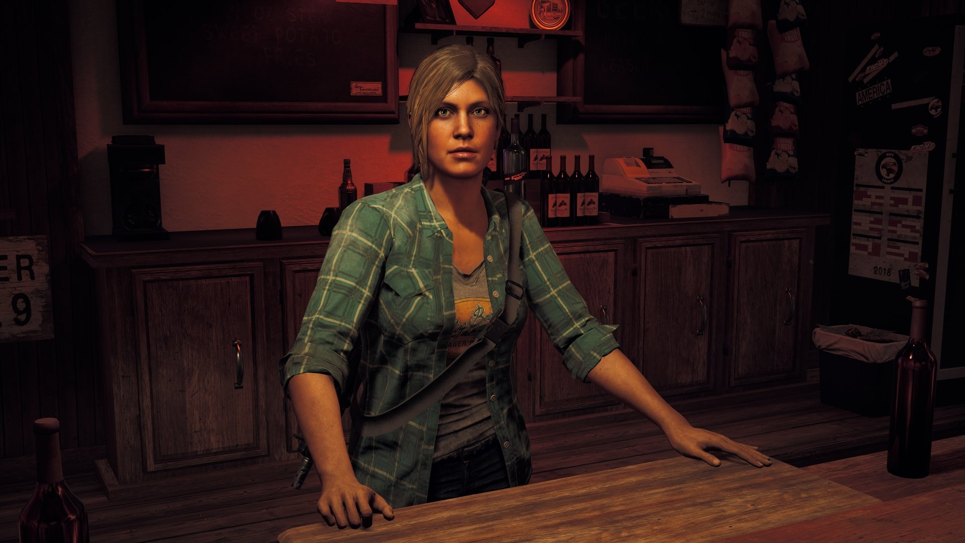 4K Ultra HD PC desktop wallpaper featuring a female character from the video game Far Cry 5 standing behind a wooden counter in a dimly lit room.