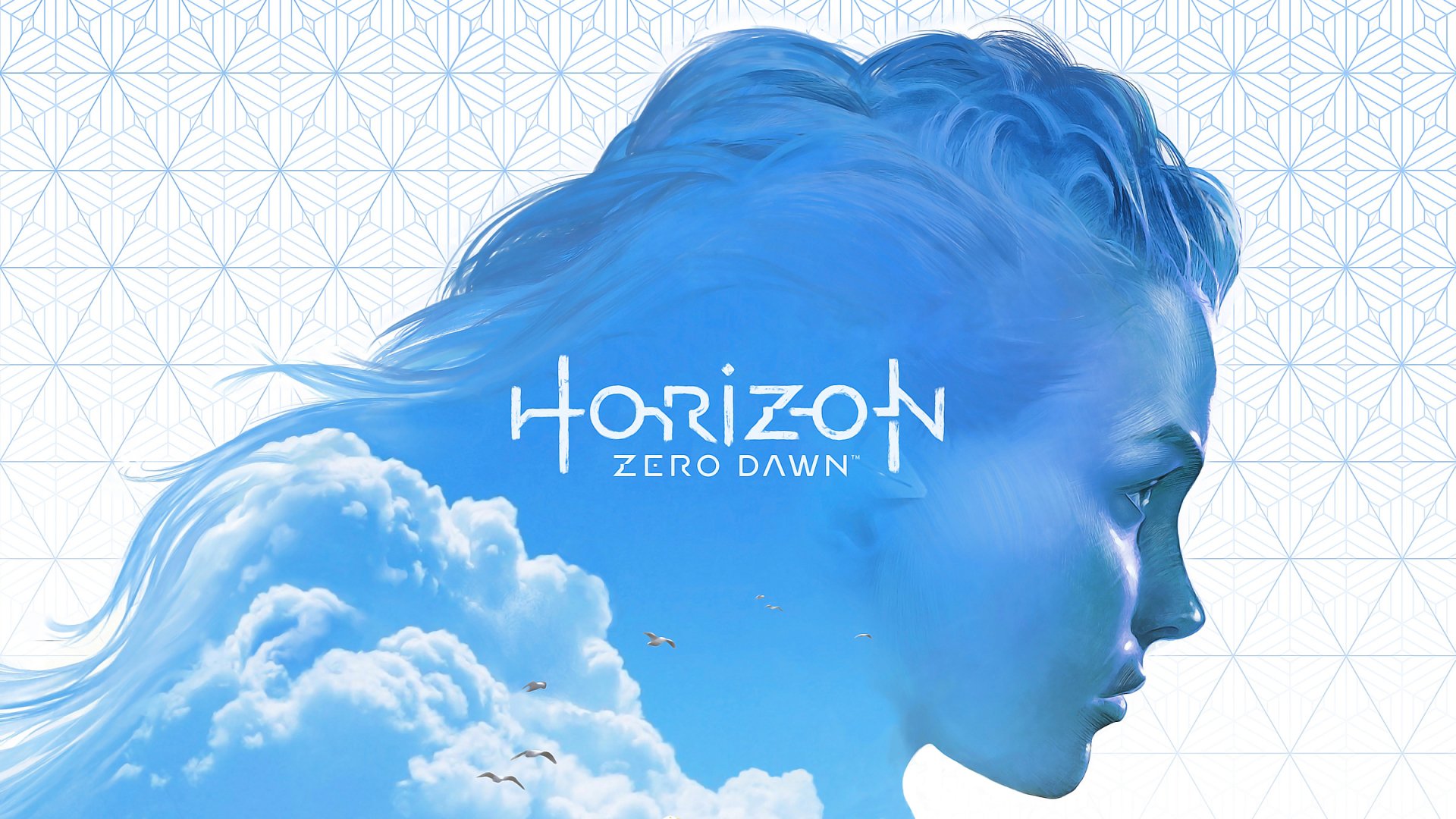 HD desktop wallpaper featuring Aloy from the Horizon Zero Dawn video game series, with her profile merging into a sky and cloud background. The text Horizon Zero Dawn is prominently displayed.