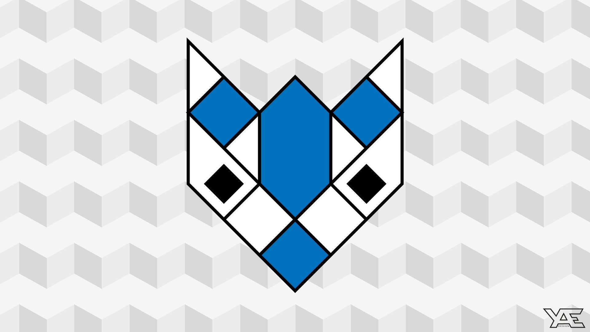 Abstract geometric blue and white fox head design set against a subtle gray 3D cube pattern, crafted as an HD PC desktop wallpaper and background.