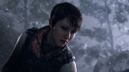 HD desktop wallpaper featuring Kara, a character from the video game Detroit: Become Human, against a snowy, forested background.