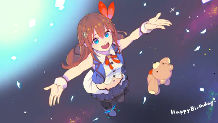 4K Ultra HD PC wallpaper of Tokino Sora (hololive), an anime Virtual YouTuber reaching out as a teddy bear floats beside her against a starry, confetti-speckled background.