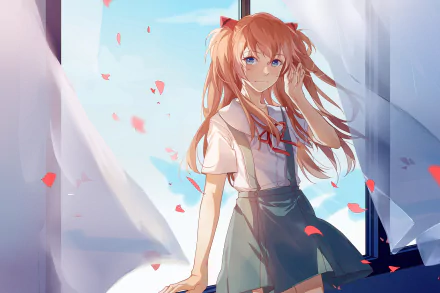 HD desktop wallpaper featuring Asuka Langley Sohryu from the anime Neon Genesis Evangelion, standing by a window with flowing curtains and petals in the air.