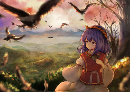 Kanako Yasaka from Touhou gazes over a windswept valley at sunset as crows soar; vibrant 2K Quad HD PC desktop wallpaper/background.