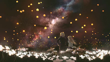 HD anime desktop wallpaper featuring two characters sitting in a glowing flower field under a starry night sky filled with floating lanterns and a vibrant Milky Way.