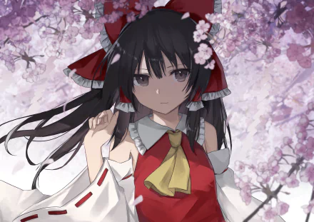 HD anime desktop wallpaper featuring Reimu Hakurei from Touhou, set against a backdrop of blooming cherry blossoms.