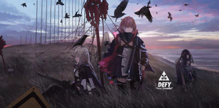 HD desktop wallpaper featuring characters M4A1, AR15, AN-94, and AK-12 from the video game Girls Frontline, depicted in a dramatic landscape at sunset, with birds and dark, silhouetted machinery.