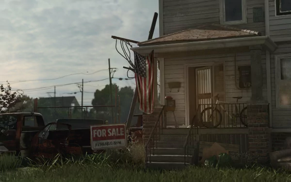 HD PC desktop wallpaper/background from the video game Detroit: Become Human: a weathered American house with a tattered flag, overgrown lawn, abandoned truck and a For Sale sign.