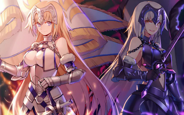 HD desktop wallpaper featuring Jeanne d'Arc and Jeanne d'Arc Alter from Fate/Grand Order, blending light and dark themes with stunning anime artwork and vivid colors.