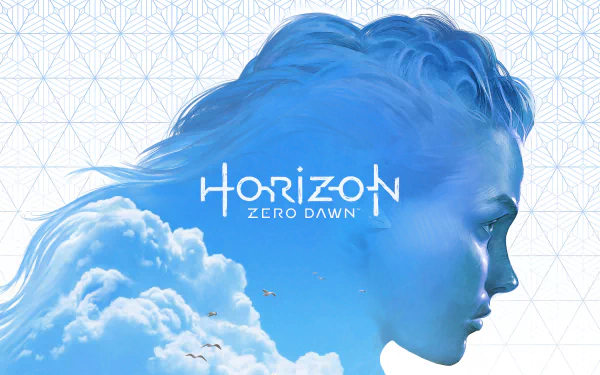 HD desktop wallpaper featuring Aloy from the Horizon Zero Dawn video game series, with her profile merging into a sky and cloud background. The text Horizon Zero Dawn is prominently displayed.