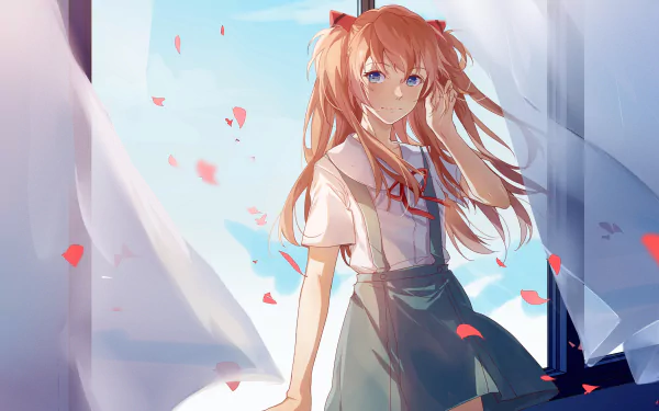 HD desktop wallpaper featuring Asuka Langley Sohryu from the anime Neon Genesis Evangelion, standing by a window with flowing curtains and petals in the air.