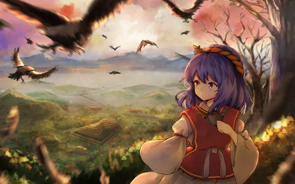 Kanako Yasaka from Touhou gazes over a windswept valley at sunset as crows soar; vibrant 2K Quad HD PC desktop wallpaper/background.