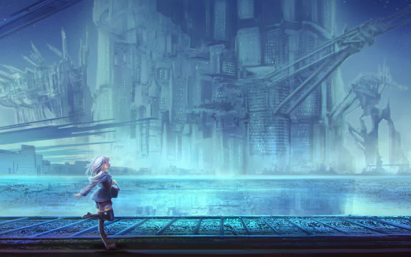 HD anime original PC desktop wallpaper depicting a lone character standing on a platform with a futuristic cityscape and giant robots in the misty background.