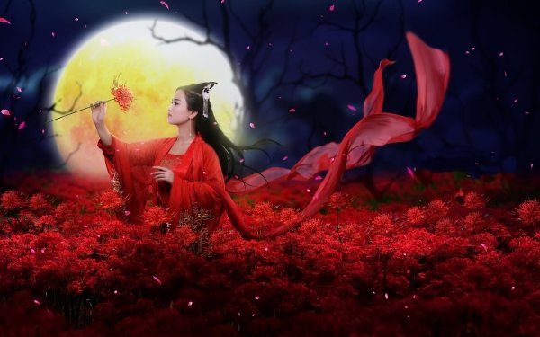 Women Asian Model Moon Manipulation Red Flower Brunette Long Hair Flower Fantasy Red HD Wallpaper | Background Image