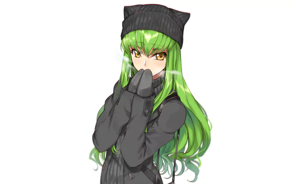 HD desktop wallpaper featuring C.C. from the anime Code Geass, showcasing her with long green hair, a black hat, and a black outfit, exuding a confident and mysterious aura.