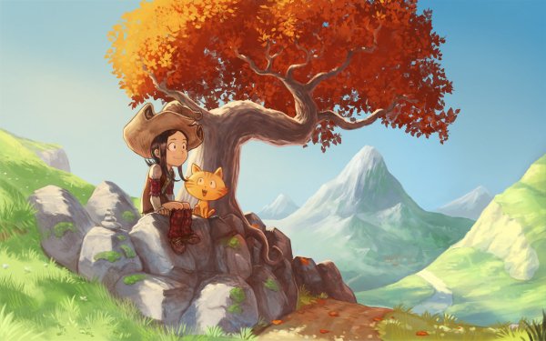 Fantasy Child Cat Tree Hat Little Girl HD Wallpaper | Background Image