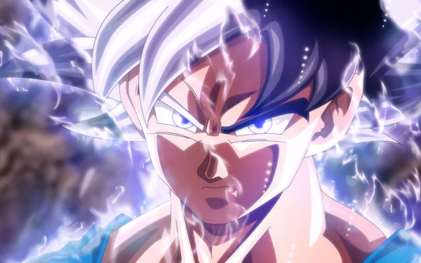 HD desktop wallpaper featuring Goku in Ultra Instinct mode from Dragon Ball Super, showcasing electric energy aura and intense focus.