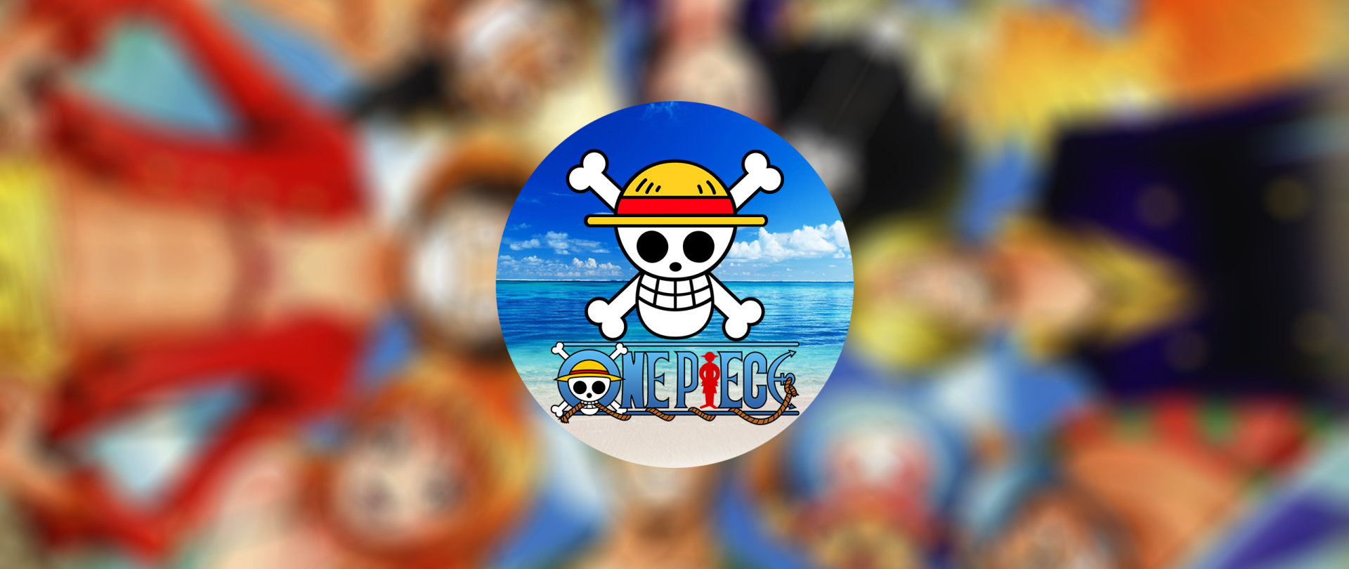Anime One Piece HD PC desktop wallpaper: centered Straw Hat Pirates Jolly Roger over an ocean circle, with a blurred, colorful collage of the crew in the background.