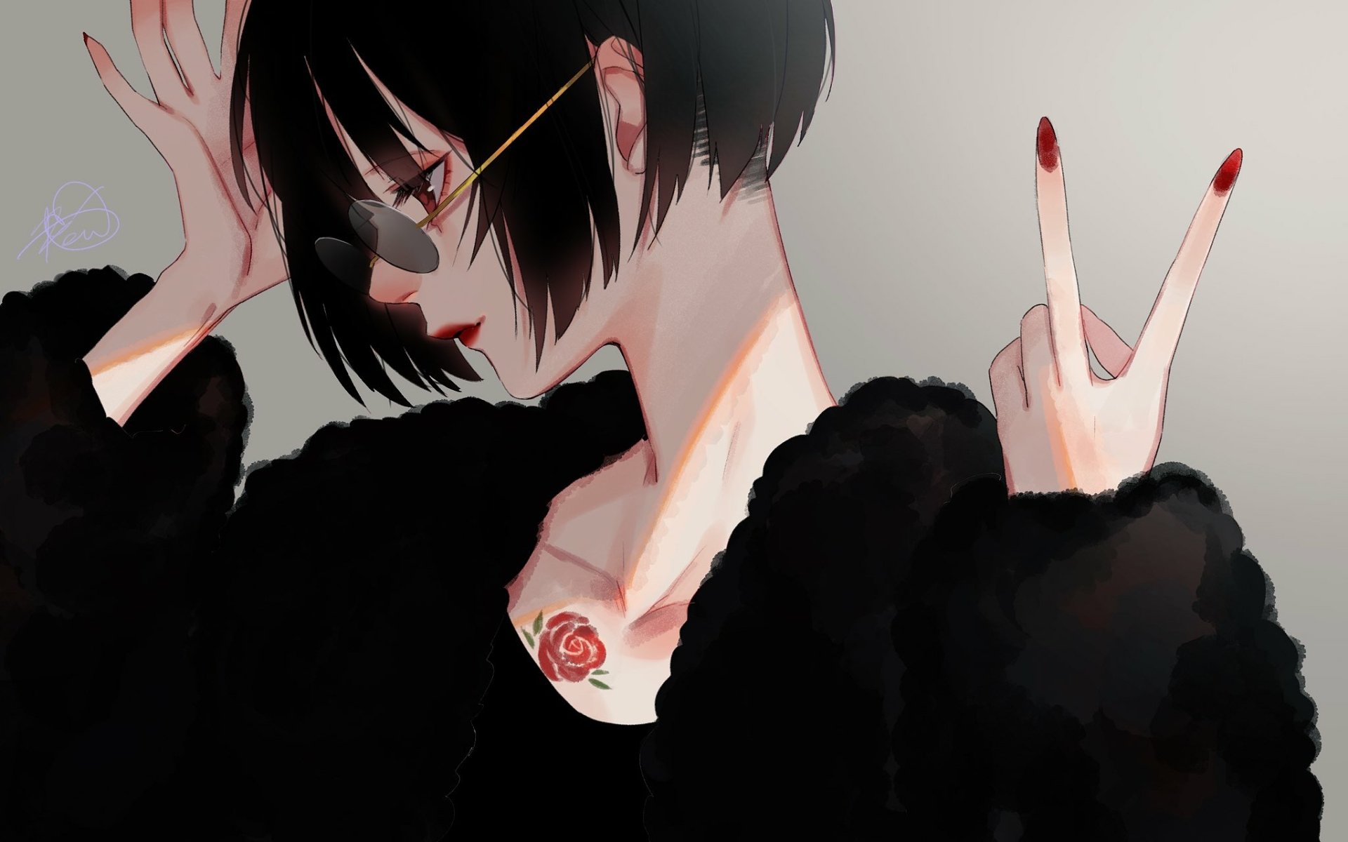 Anime-style HD desktop wallpaper of a short-haired character with black hair, brown eyes, sunglasses, a tattoo rose on the chest, flashing a peace sign with red-painted nails.