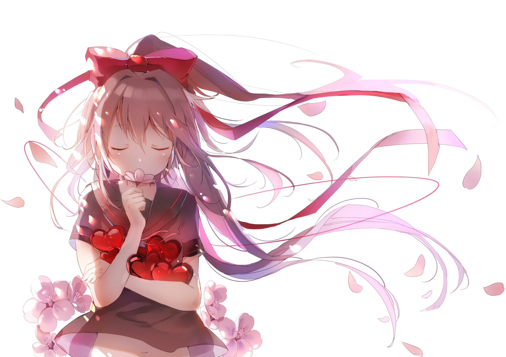 HD anime wallpaper featuring a girl with long brown hair in a ponytail, wearing a bow, surrounded by flowers and hearts. The delicate, flowing design creates a serene and enchanting atmosphere.