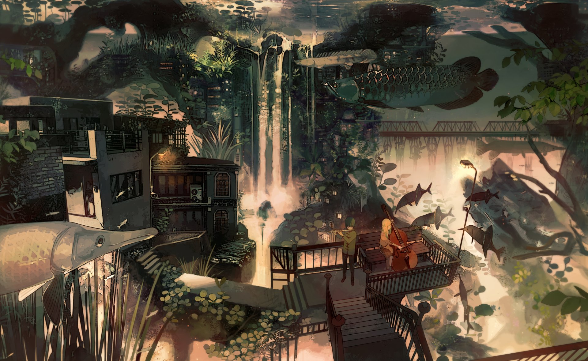 A 4K Ultra HD anime cityscape with a blonde, short-haired character playing flute and piano beside a waterfall, surrounded by fish and lush greenery.