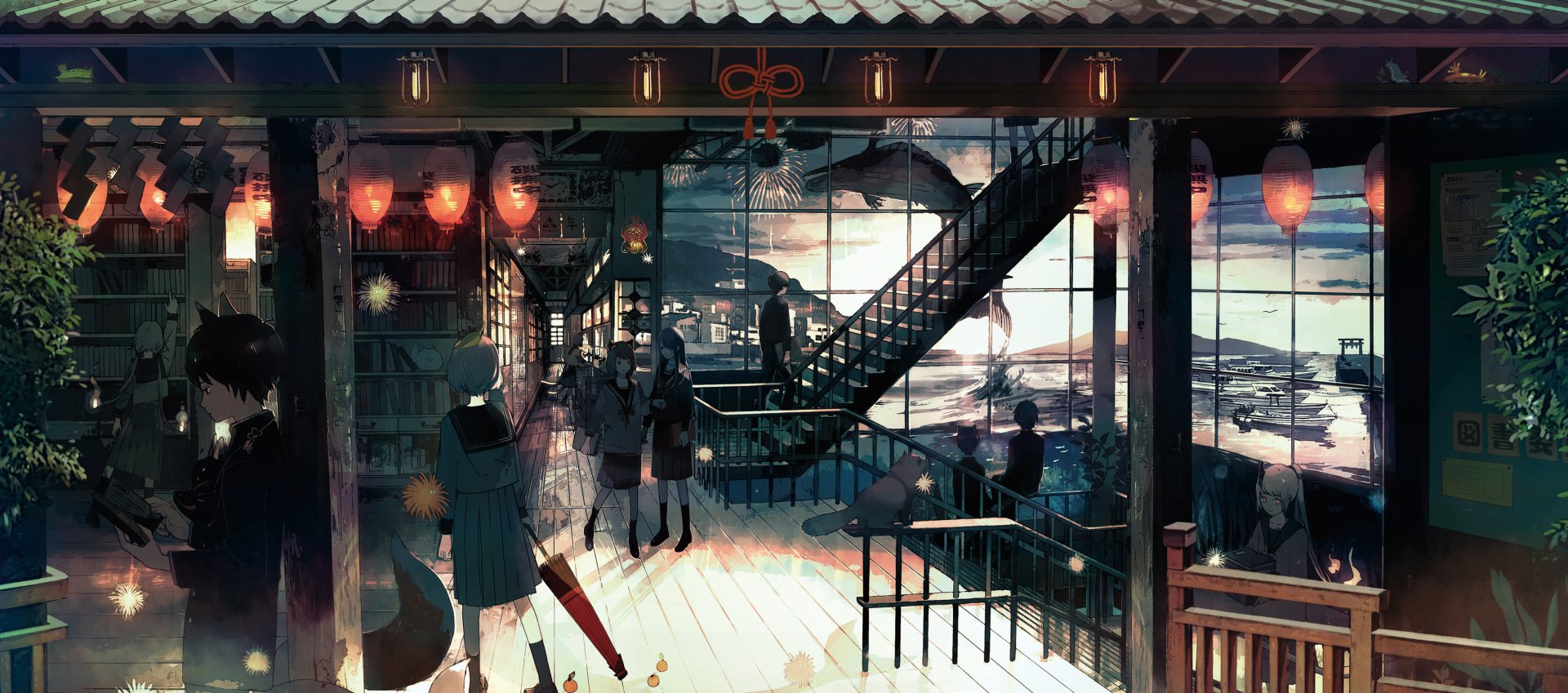 Anime scene featuring a cat girl holding an umbrella inside a lantern-lit library with a giant whale in the background. High-definition desktop wallpaper and original artwork.