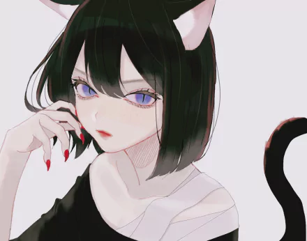 tail blue eyes bandage black hair short hair cat girl Anime Original HD Desktop Wallpaper | Background Image
