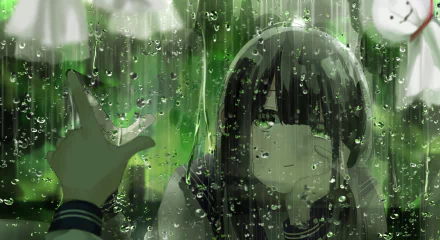 HD PC desktop wallpaper featuring an original anime style scene of a girl touching a rain-covered window with a butterfly on her hand.