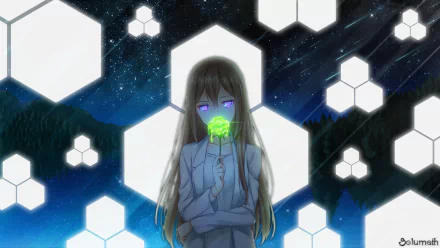 HD desktop wallpaper featuring an anime girl with long hair, holding a glowing rose. She stands against a starry night sky, surrounded by hexagonal light patterns.