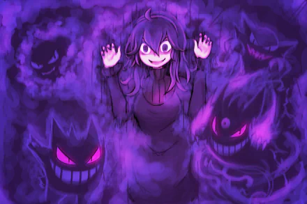 A vibrant HD wallpaper featuring Mega Gengar, Gengar, Haunter, and Gastly, alongside the Hex Maniac, all set against a mystical purple background from the Pokémon universe.