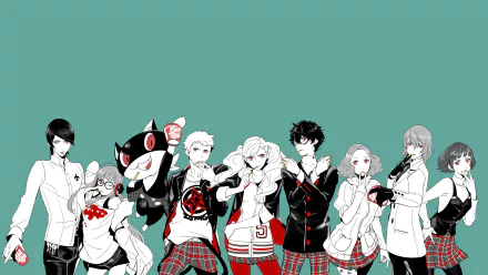 A vibrant wallpaper featuring characters from Persona 5: Goro Akechi, Morgana, Futaba Sakura, Makoto Niijima, Ann Takamaki, Haru Okumura, Yusuke Kitagawa, Ryuji Sakamoto, and Joker.