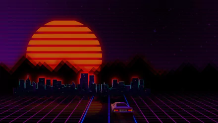 Artistic retrowave 4K Ultra HD PC desktop wallpaper: a retro car drives on a neon grid toward a glowing striped sun and silhouetted city skyline under a purple night sky.