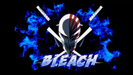 HD anime desktop wallpaper featuring a Bleach character mask with crossed swords and blue flames, set against a dark background with the title Bleach below.
