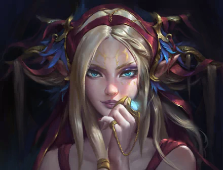 HD fantasy desktop wallpaper featuring a blonde elf with blue eyes and pointed ears, set against a dark, mystical background.