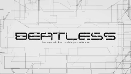 HD PC desktop wallpaper featuring a minimalist, glitch-style Beatless logo with subtle circuit-like lines, inspired by the anime Beatless.